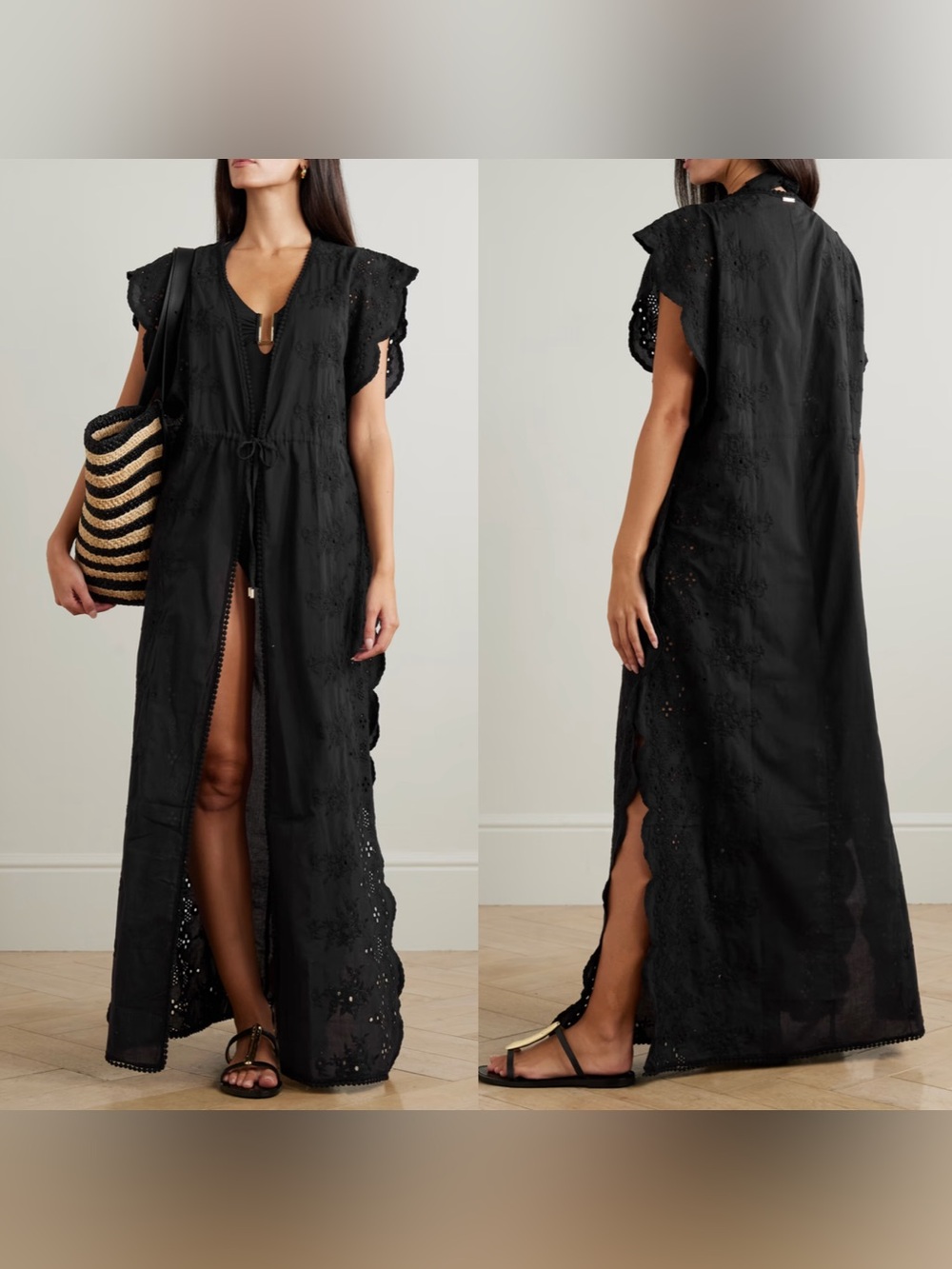 Melissa Odabash Talitha Black Broderie Anglaise Maxi Kaftan Beach Cover Up M
